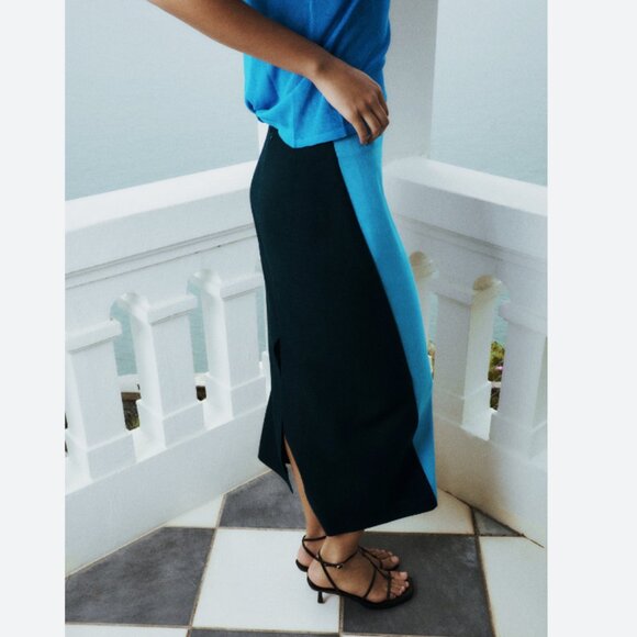 NWOT Zara Linen Blend Pencil Skirt Color Block Bloggers Fav  Large - Picture 5 of 9